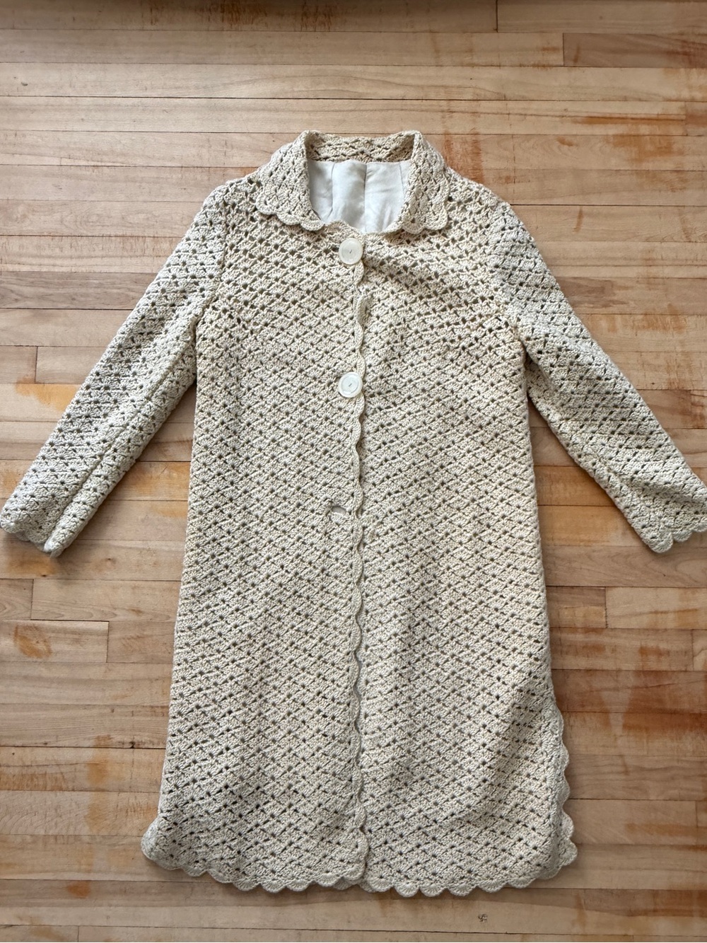 Vintage Hand-Made Cream Crochet Long Coat with Scalloped Edging
